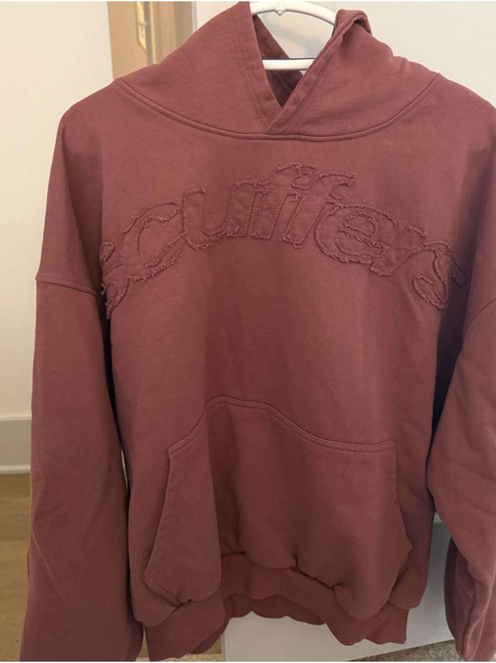 Washed Burgundy Hooded Sweatshirt with Distressed Logo Detail
